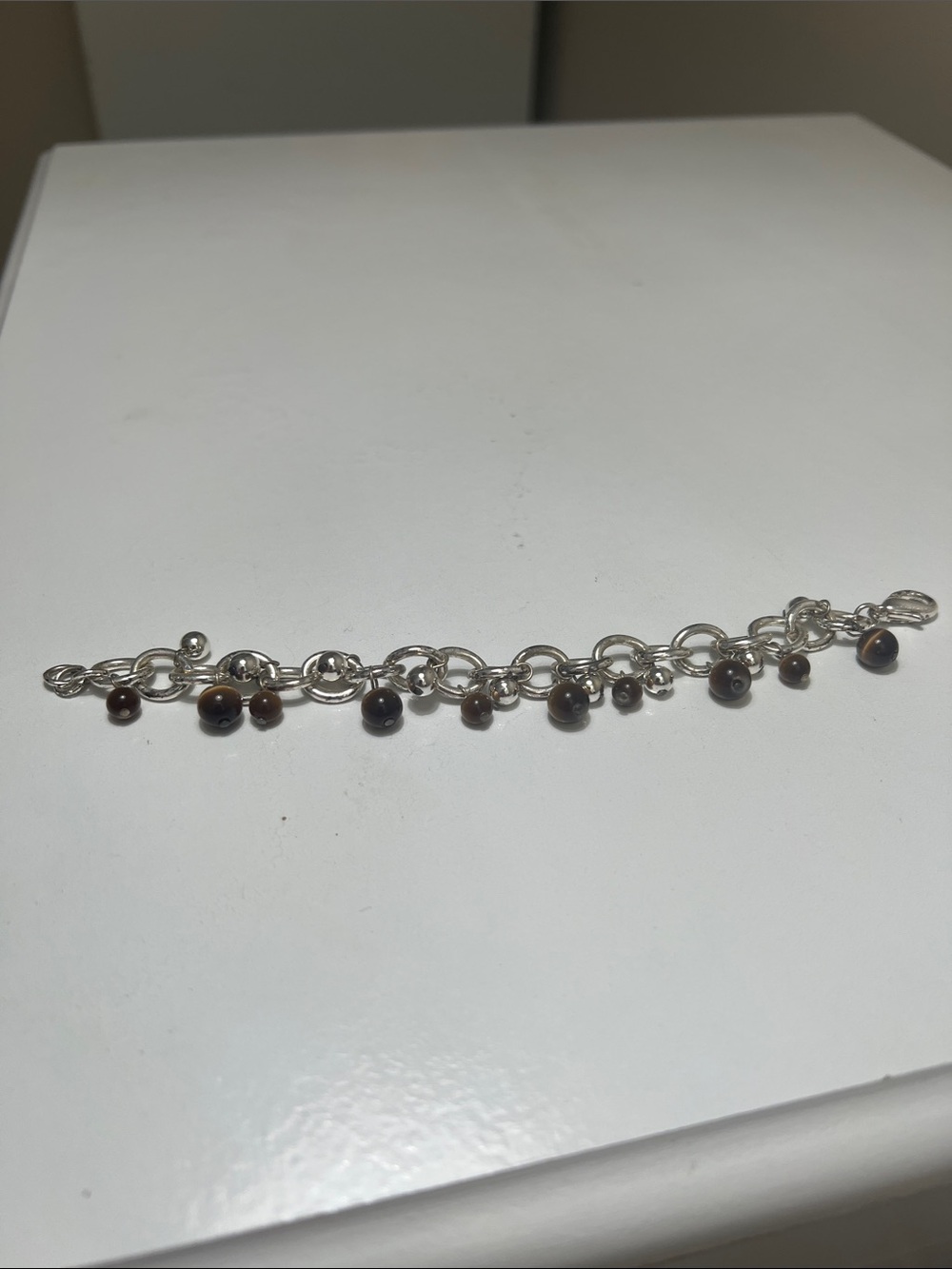 Silver Charm Bracelet with Brown Beads and Silver Balls - Estate Vintage